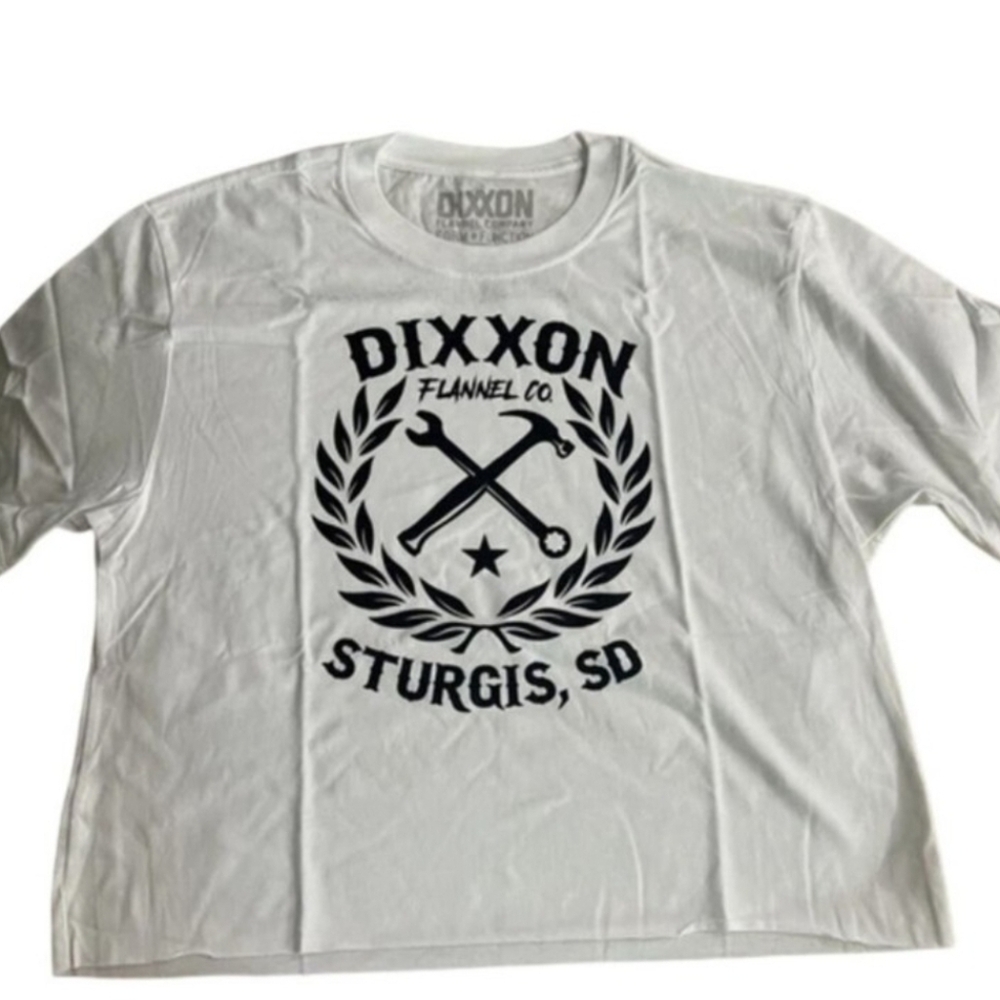 NWT Women's Dixxon White Crop Top Sturgis Sketchy Crest Size Large